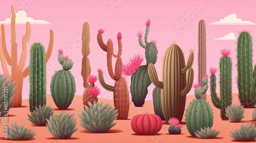 Long multicolored cacti on pink background. Seamless pattern with lovely cactus in vector Generative AI