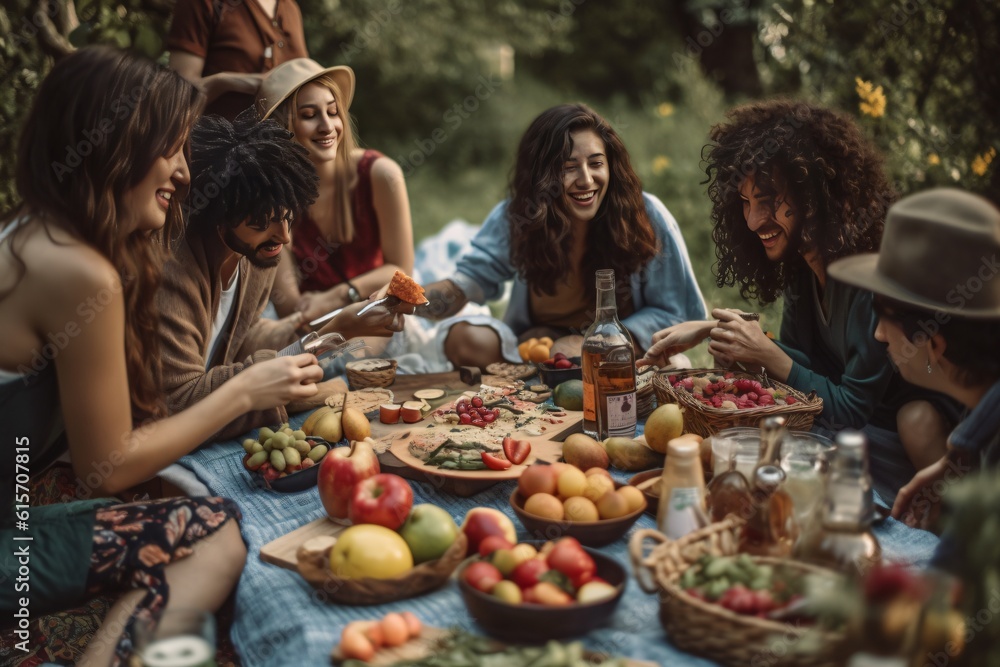 A group of friends gathering for a nutritious and delicious picnic in a lush park, with a variety of colorful fruits, vegetables, and wholesome snacks spread out on a cozy blanket . Generative AI. 