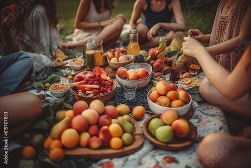 A group of friends gathering for a nutritious and delicious picnic in a lush park, with a variety of colorful fruits, vegetables, and wholesome snacks spread out on a cozy blanket . Generative AI. 