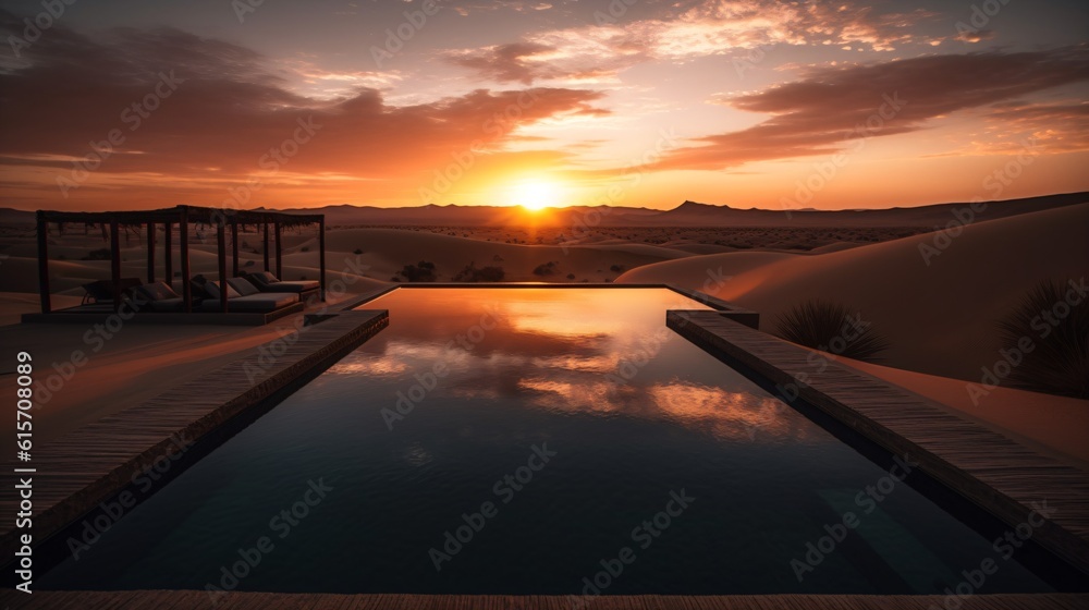 A luxurious infinity pool in a desert resort, with dunes and a dramatic sunset in the backdrop . Generative AI. 
