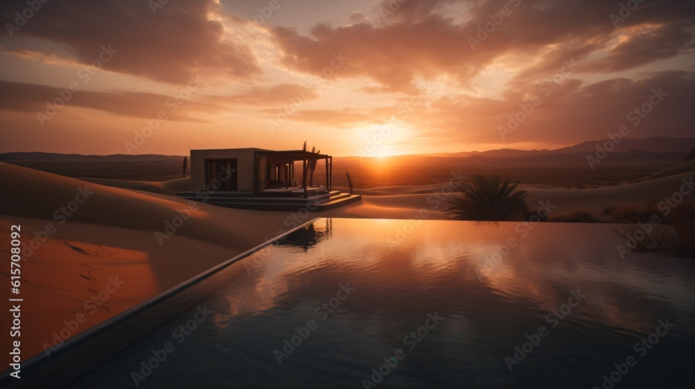 A luxurious infinity pool in a desert resort, with dunes and a dramatic sunset in the backdrop . Generative AI. A luxurious infinity pool in a desert resort, with dunes and a dramatic sunset in the backdrop . Generative AI.