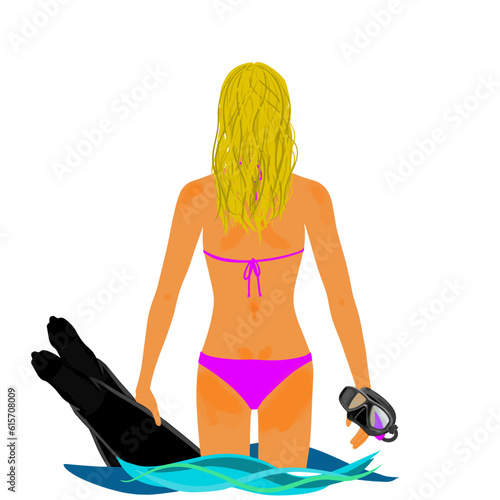 Girl in bikini on the beach with scuba fins and mask