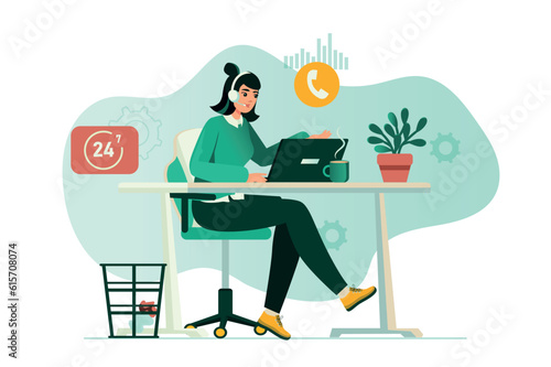 Call center concept with people scene in the flat cartoon style. The call center employee communicates with customers and tries to help them. Vector illustration.