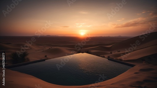 A luxurious infinity pool in a desert resort  with dunes and a dramatic sunset in the backdrop . Generative AI. 