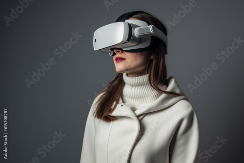 Woman wearing a VR-Headset. Illustrative Generative AI. Not a real person.