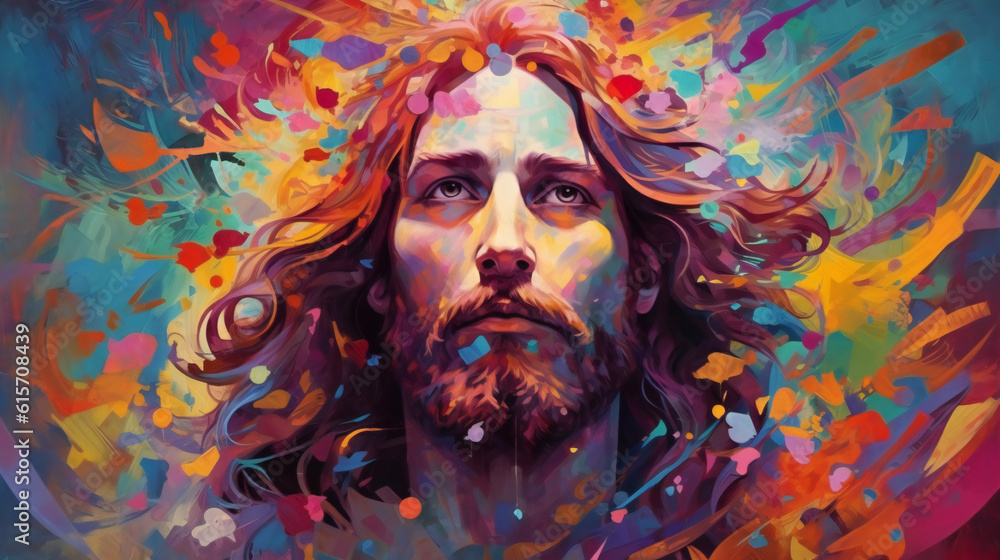 A painted portrait of Jesus, Colorful, Wallpaper, Generative AI