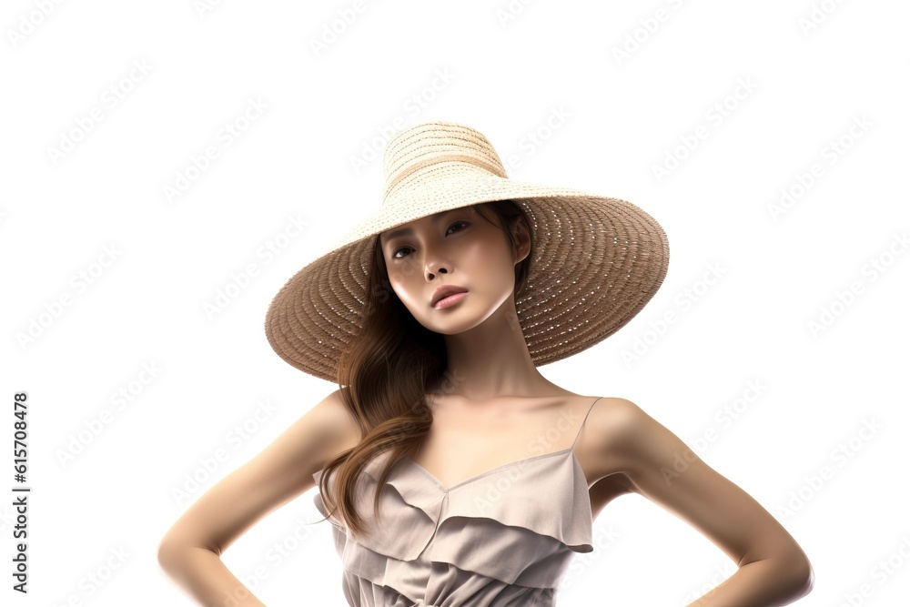Portrait asian woman wearing straw hat made with Generative AI Portrait asian woman wearing straw hat made with Generative AI
