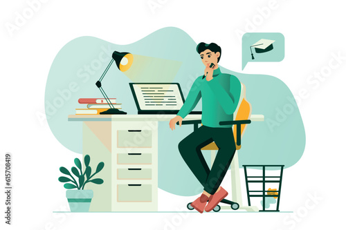 Education concept with people scene in the flat cartoon design. The student gets an online education while staying at home. Vector illustration.
