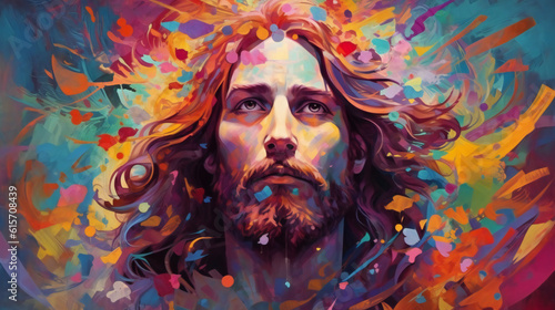 A painted portrait of Jesus  Colorful  Wallpaper  Generative AI