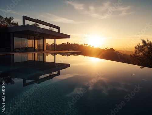 A modern infinity pool adjacent to a minimalist villa, reflecting the setting sun and casting beautiful shadows . Generative AI.  © XtravaganT