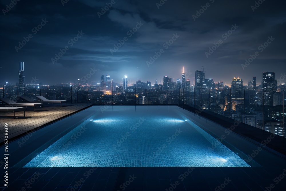 A stunning infinity pool on a rooftop, offering a panoramic view of a bustling city skyline at night . Generative AI. 