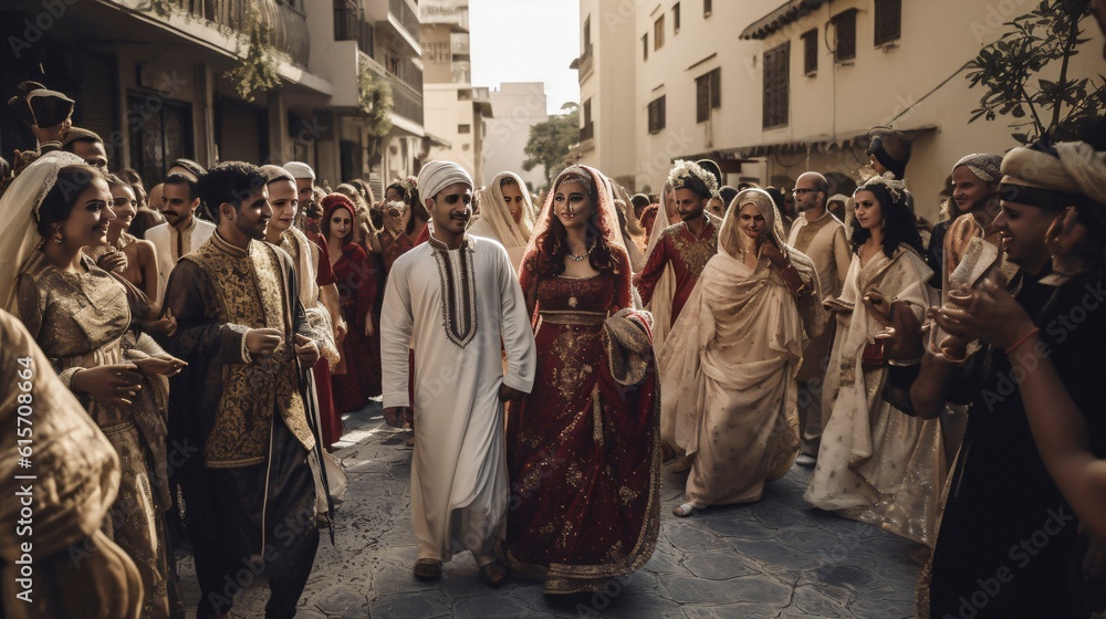 A traditional Arab wedding procession, with the bride and groom in ornate outfits, and guests celebrating with music and dance . 