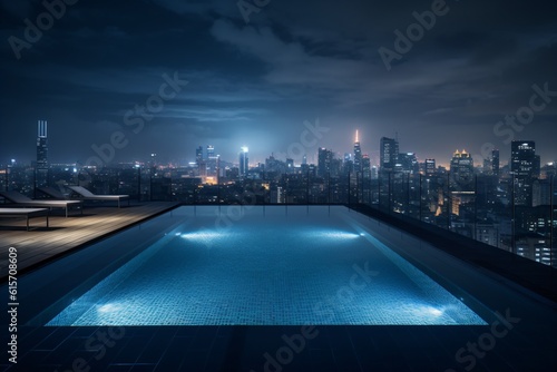 A stunning infinity pool on a rooftop, offering a panoramic view of a bustling city skyline at night . Generative AI. 