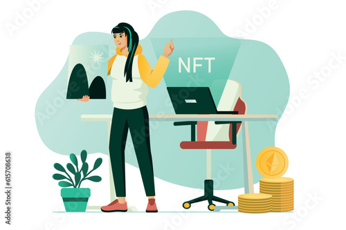 NFT concept with people scene in the flat cartoon style. The girl studies all the details of the NFT business. Vector illustration.