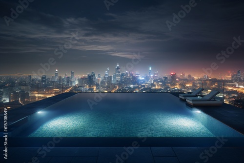A stunning infinity pool on a rooftop  offering a panoramic view of a bustling city skyline at night . Generative AI. 