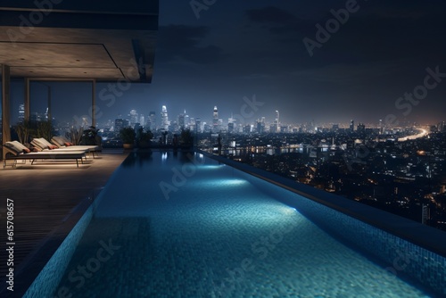 A stunning infinity pool on a rooftop, offering a panoramic view of a bustling city skyline at night . Generative AI.  © XtravaganT