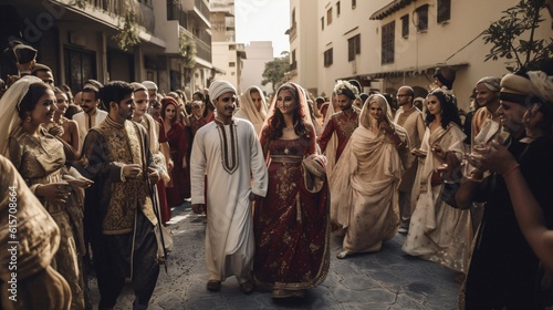 A traditional Arab wedding procession, with the bride and groom in ornate outfits, and guests celebrating with music and dance . 