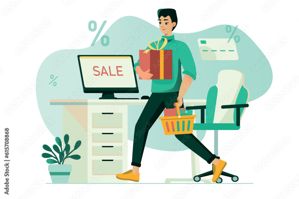 Shopping concept with people scene in the flat cartoon design. The guy bought a lot of new things in the online store. Vector illustration.
