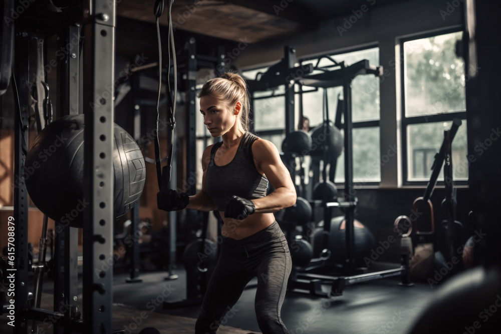 A woman doing a vigorous workout at a well-equipped home gym, surrounded by motivational quotes and fitness equipment, as she pushes herself to achieve her fitness goals . Generative AI. A woman doing a vigorous workout at a well-equipped home gym, surrounded by motivational quotes and fitness equipment, as she pushes herself to achieve her fitness goals . Generative AI.