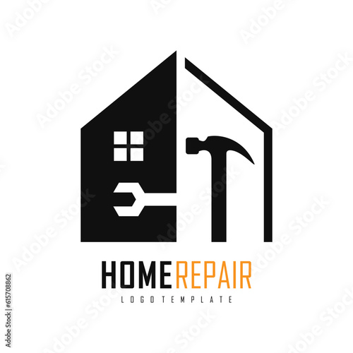 Home repair logo template design. Home silhouette with tools hammer and wrench icon isolated on white background