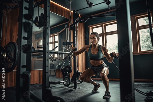 A woman doing a vigorous workout at a well-equipped home gym, surrounded by motivational quotes and fitness equipment, as she pushes herself to achieve her fitness goals . Generative AI. 