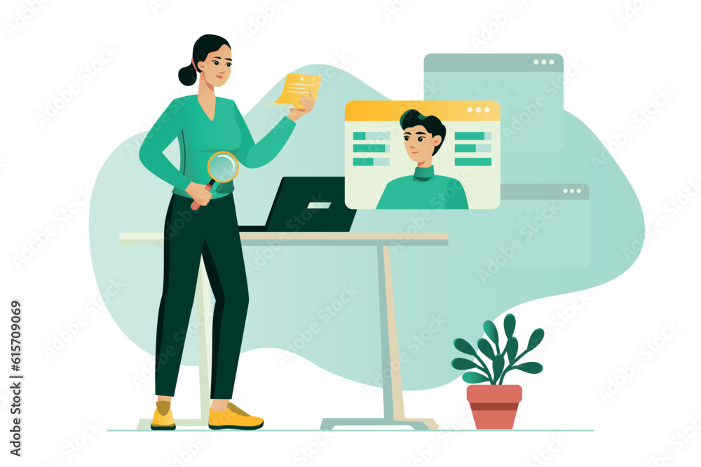 HR concept with people scene in the flat cartoon style. The recruiter reviews the resumes of various candidates for the position. Vector illustration.