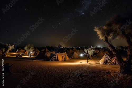 An enchanting night in the desert with traditional Bedouin tents under the clear starry sky . Generative AI. 