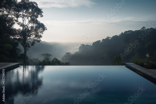 An infinity pool in the wilderness, overlooking a forested valley and distant mountains, with an early morning fog rolling in . Generative AI. © XtravaganT