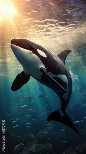 an orca whale is swimming under the water in an underwater sun setting  in the style of photorealistic renderings - AI generative