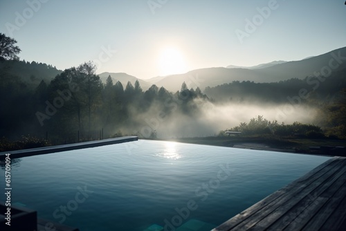 An infinity pool in the wilderness, overlooking a forested valley and distant mountains, with an early morning fog rolling in . Generative AI. 