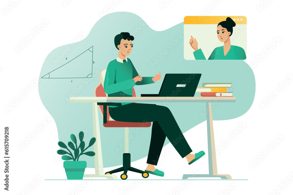 Distance learning concept with people scene in the flat cartoon design. The boy studies geometry according to the teacher's online explanations. Vector illustration.