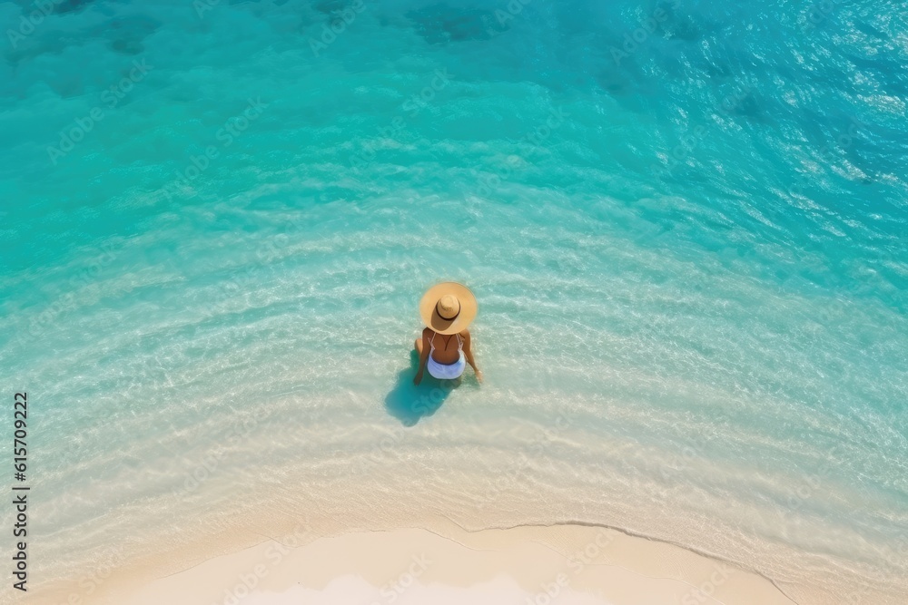 Aerial view of slim woman sunbathing on beach in Maldives. Generative AI - obrazy, fototapety, plakaty 