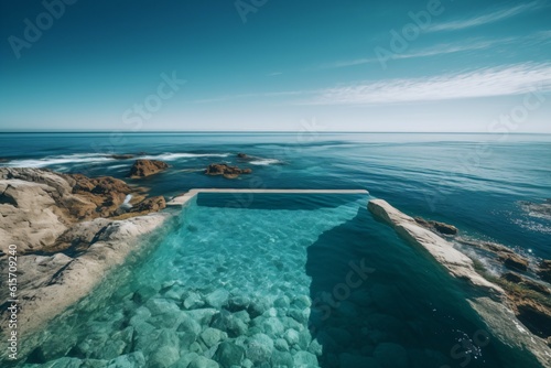 An infinity pool merging seamlessly with a turquoise ocean, under the clear blue sky, creating a sense of boundlessness . Generative AI. 