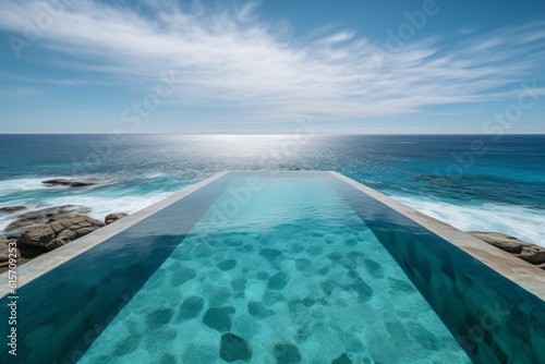An infinity pool merging seamlessly with a turquoise ocean, under the clear blue sky, creating a sense of boundlessness . Generative AI.  © XtravaganT