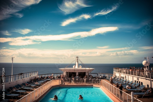 An infinity pool on a cruise ship, with passengers relaxing on deck chairs and the open ocean in the distance . Generative AI. 