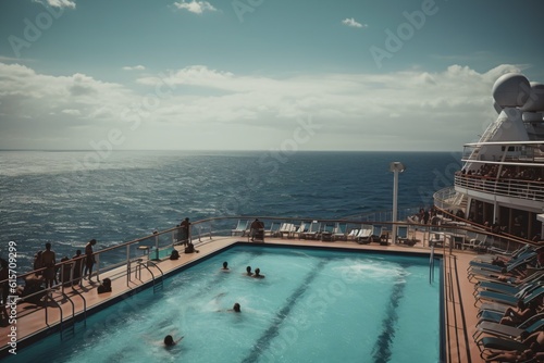 An infinity pool on a cruise ship, with passengers relaxing on deck chairs and the open ocean in the distance . Generative AI.  © XtravaganT