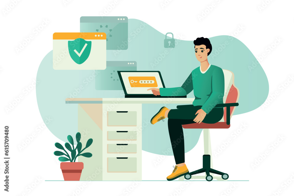 Cyber security concept with people scene in the flat cartoon design. The technical worker is engaged in the protection of online data. Vector illustration. Cyber security concept with people scene in the flat cartoon design. The technical worker is engaged in the protection of online data. Vector illustration.