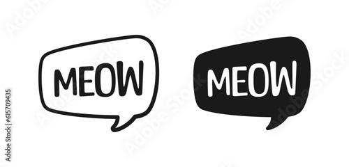 MEOW speech bubble silhouette and outline set. Cute hand drawn text quote. Animal sound doodle phrase. Vector illustration for print on shirt, card, poster etc.