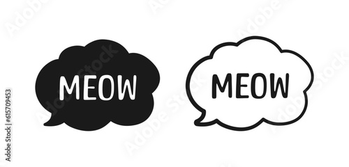 MEOW speech bubble thought cloud silhouette and outline set. Cute hand drawn text quote. Animal sound doodle phrase. Vector illustration.