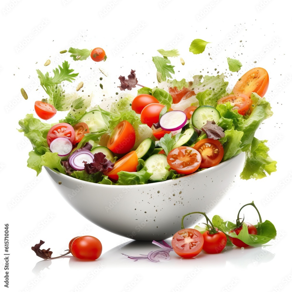 Fresh vegetable salad in green bowl and tomatoes isolated on white made with Generative AI