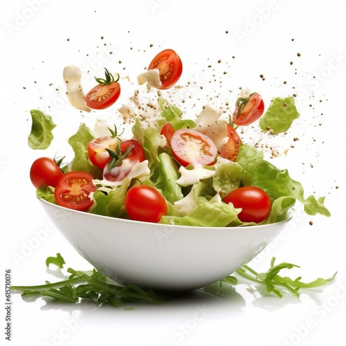 Fresh vegetable salad in green bowl and tomatoes isolated on white made with Generative AI