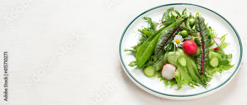 Fresh vegetarian vegetable salad with radish, cucumber and arugula, healthy food.