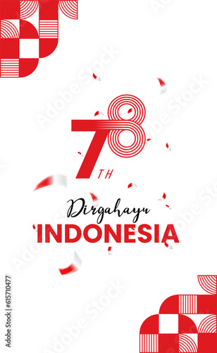 Happy Indonesian Independence Day with red and white ribbon and potrait background pattern