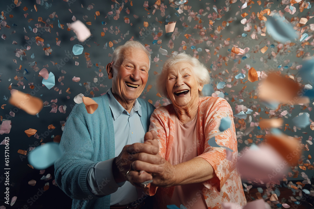 Happy pensioners couple, celebrating aaniversary. Confetti falling, happy. Ai generative. Illustration - obrazy, fototapety, plakaty 
