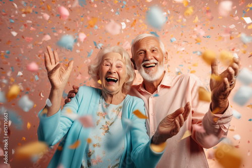 Happy pensioners couple, celebrating aaniversary. Confetti falling, happy. Ai generative. Illustration
