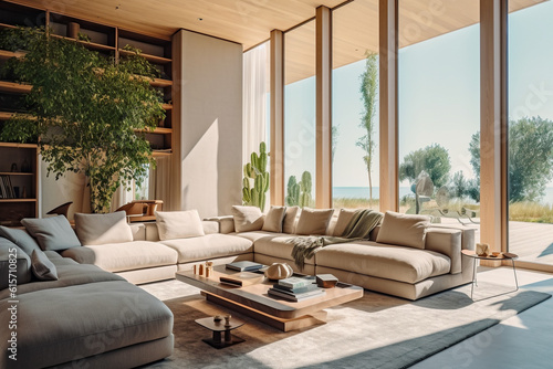 Modern living room with big window, super photo realistic background. Generative ai illustration © Anna