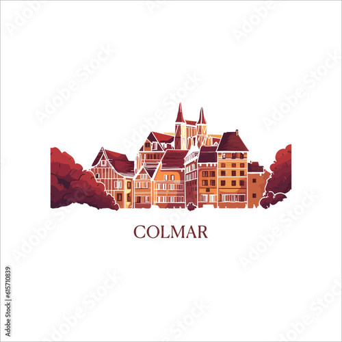 France Colmar village landscape with sights vector isolated logo. Panorama flat abstract shape Alsace region hand drawn icon. AI generative