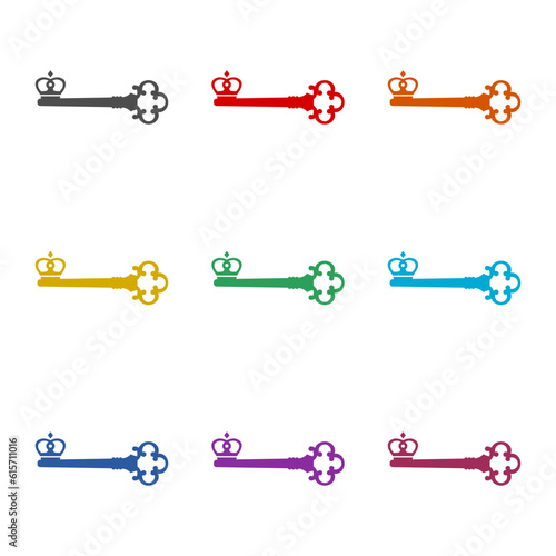  Crown old key logo icon isolated on white background. Set icons colorful