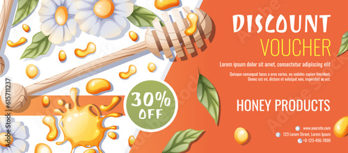 Sale banner with honey products. Discount voucher for honey shop. Honey spoon with flowers. Healthy organic food. Vector background.