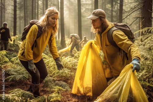 Volunteers picking up trash in the forest, Clean planet Earth, collect garbage, avoid pollution, save environment.